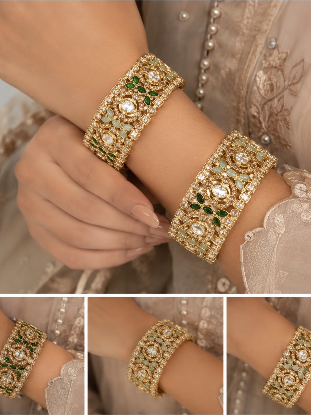 Gold-Tone Kundan Cuff Bracelet with Green and White Stones